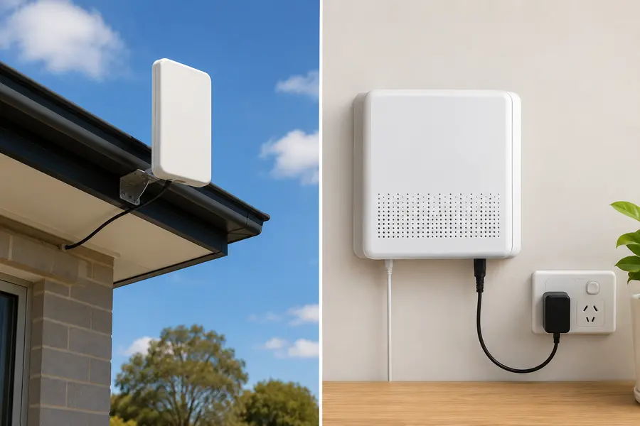 Typical outdoor fixed wireless antenna and indoor NBN equipment