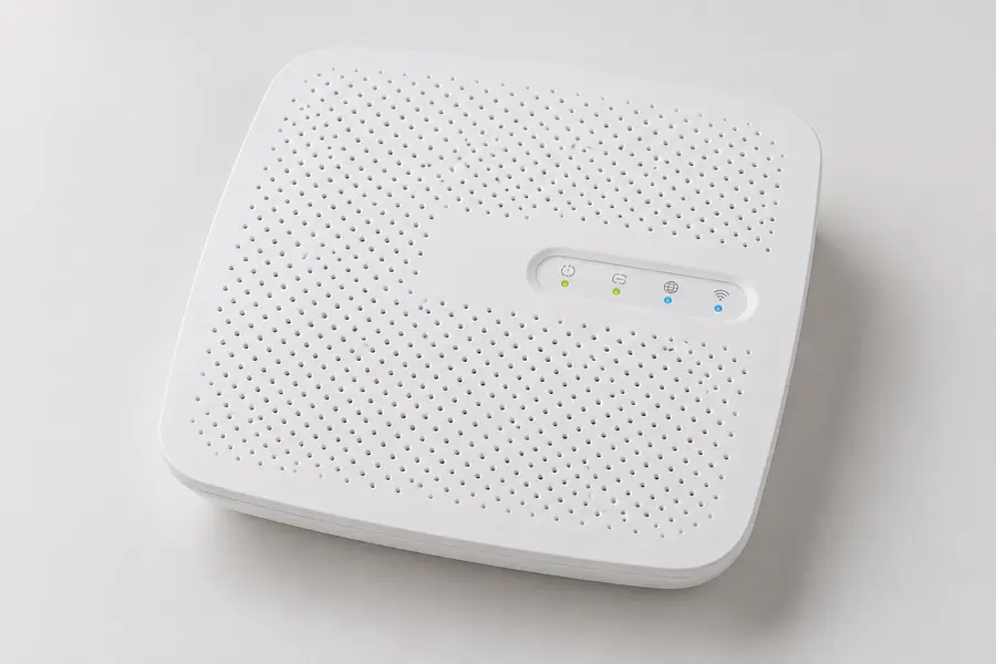 Typical low white NBN connection box with a perforated top and four lights