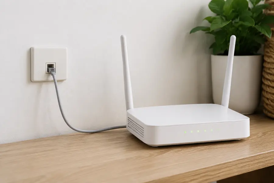A modem router connected directly to a telephone-style wall socket